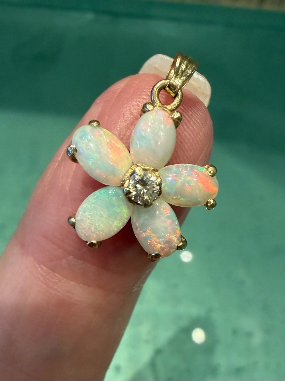 14k Gold Opal Flower Pendant with Natural Diamond